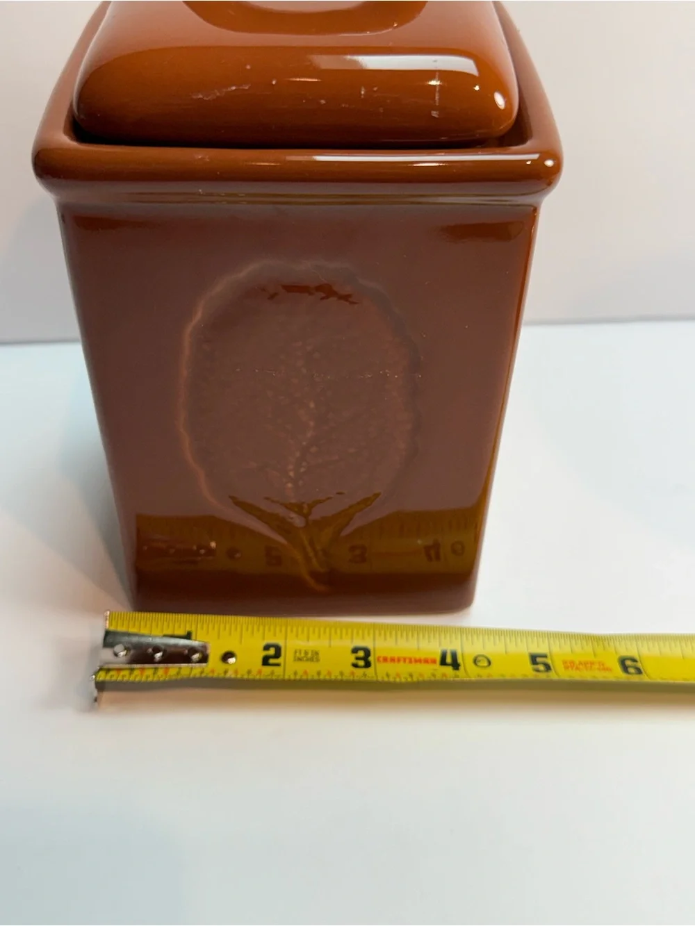 Vintage Lillian Vernon Canister in Brown Raised Botanical Leaf Design